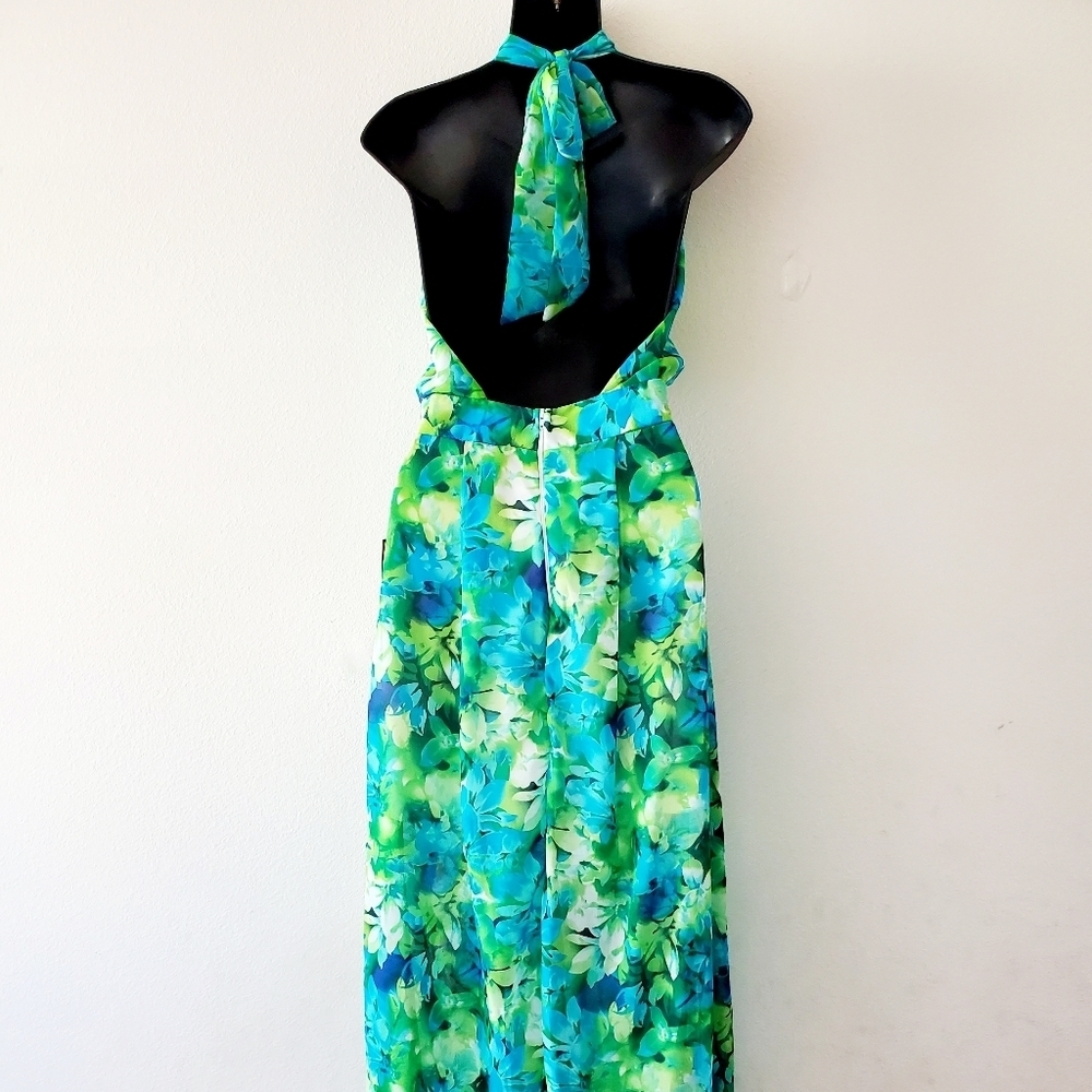 Women's Ella Samani Blue Floral Halter Neck Slim Maxi Dress Size M - Picture 4 of 6